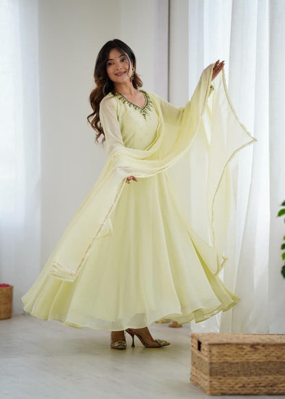 Pastel Lemon Yellow Anarkali Suit Set Roohri

