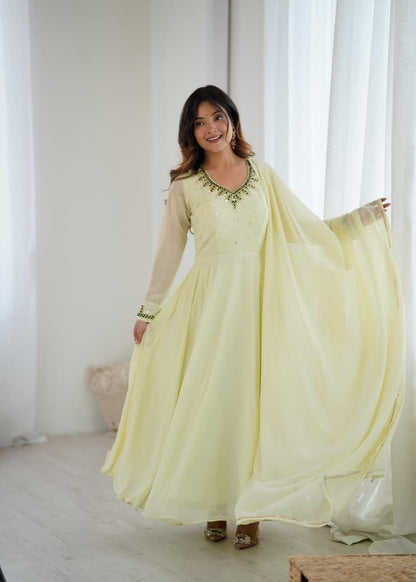 Pastel Lemon Yellow Anarkali Suit Set Roohri