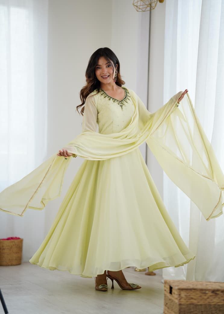 Pastel Lemon Yellow Anarkali Suit Set Roohri