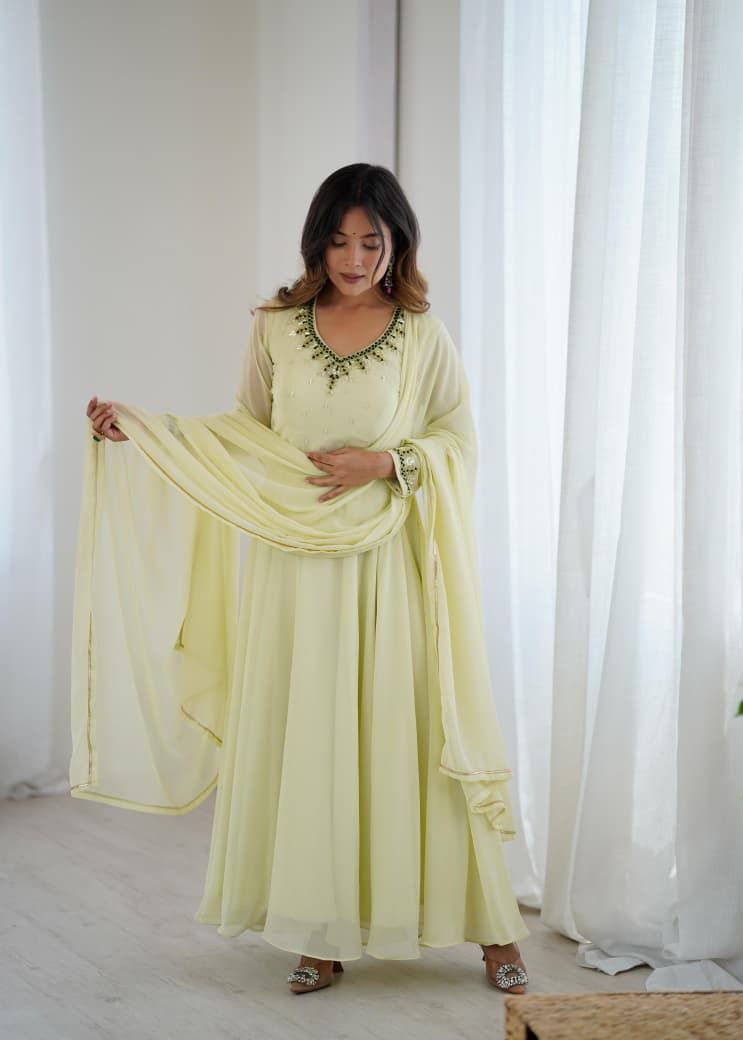 Pastel Lemon Yellow Anarkali Suit Set Roohri