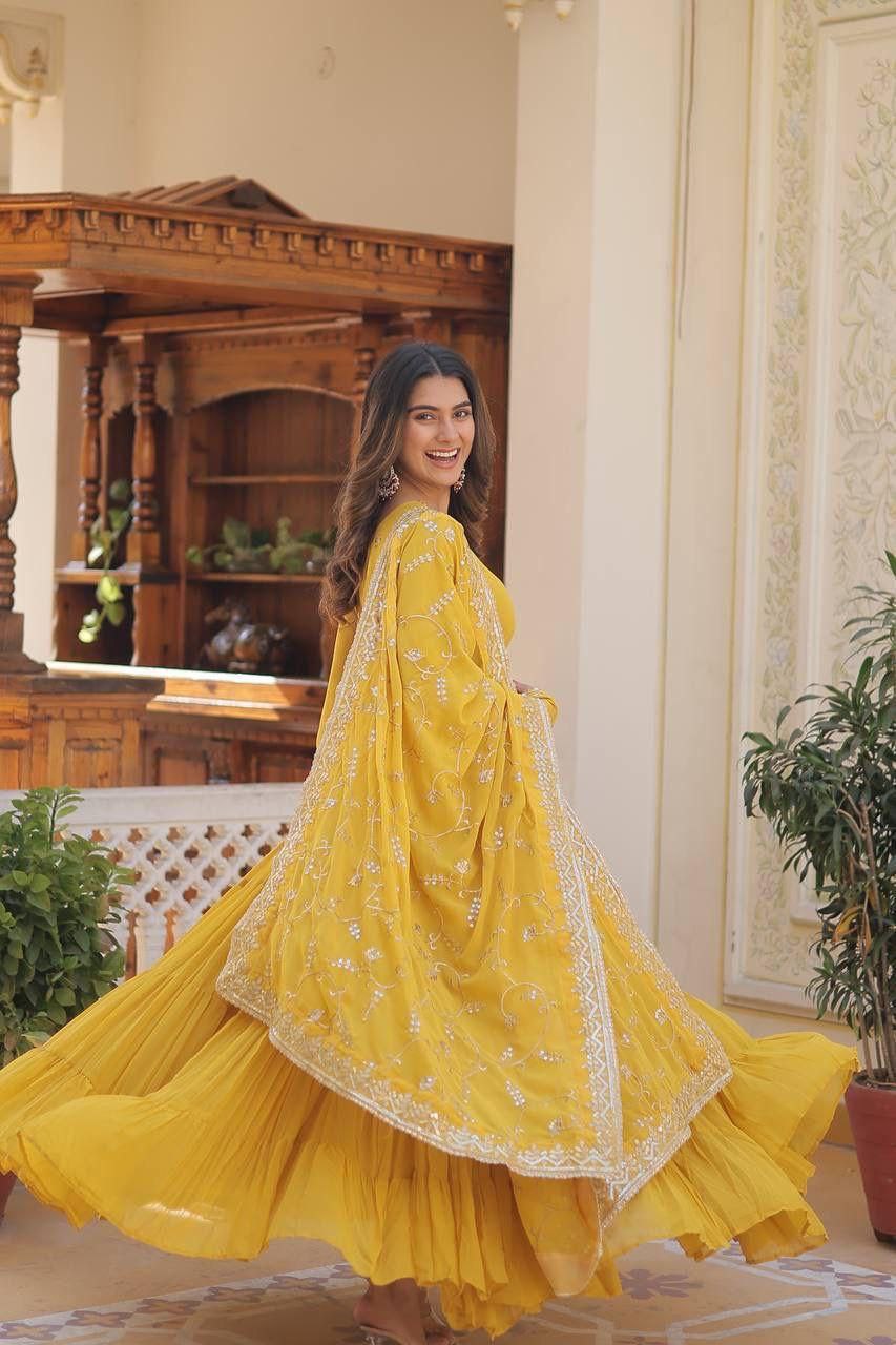 Yellow Anarkali Dupatta Set Roohri