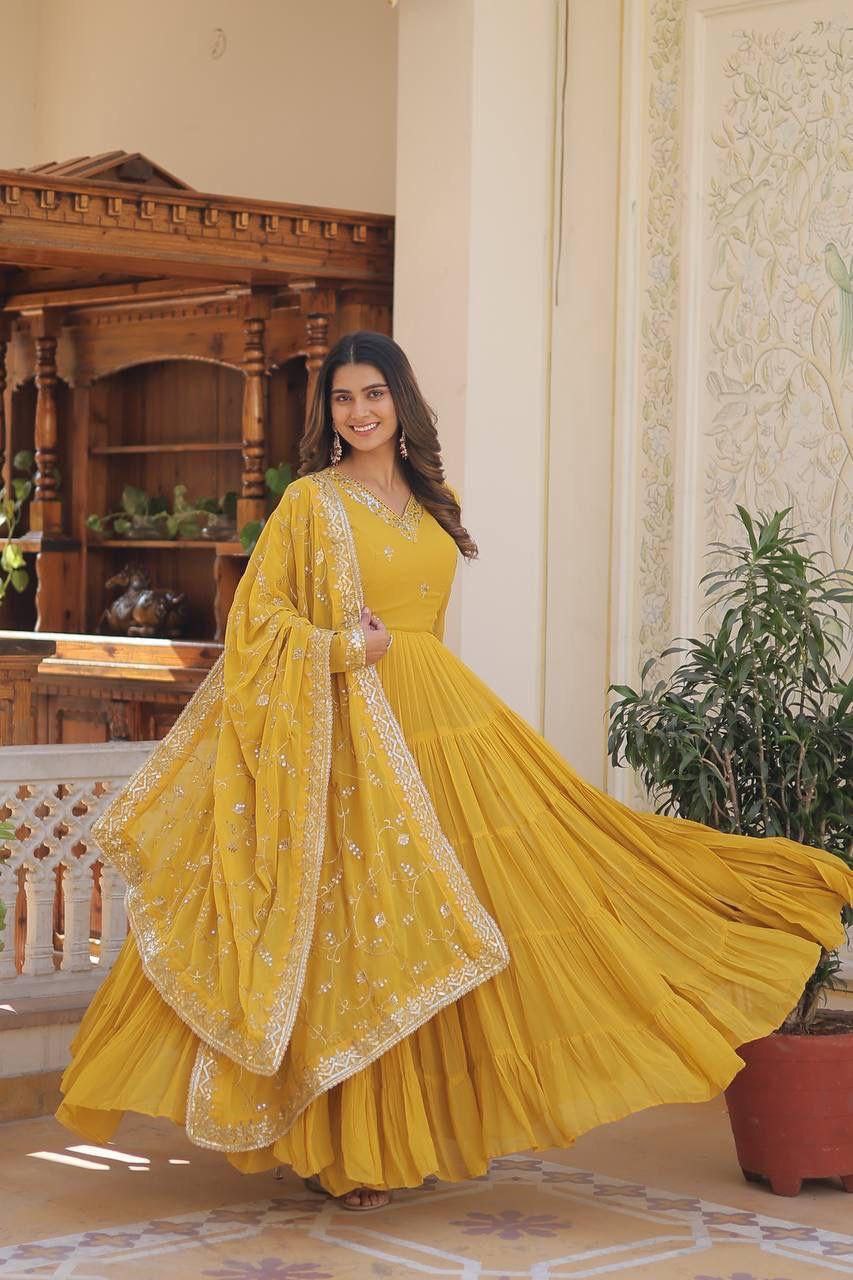 Yellow Anarkali Dupatta Set Roohri