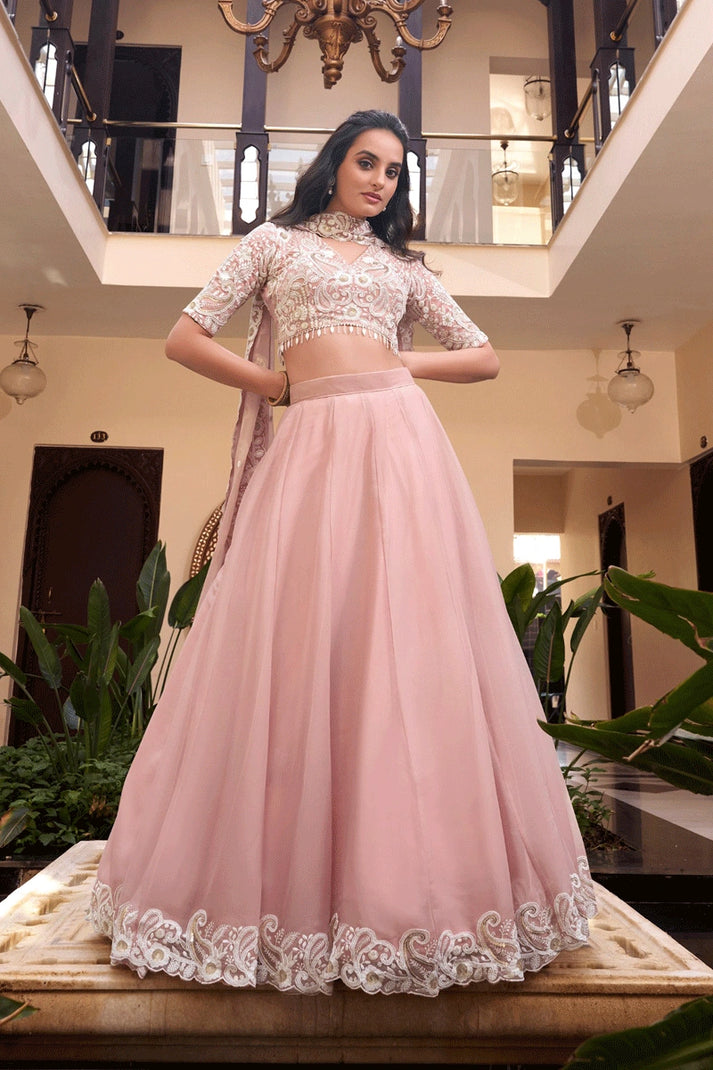 Baby Pink Crush Silk Lehenga Choli Set Roohri
