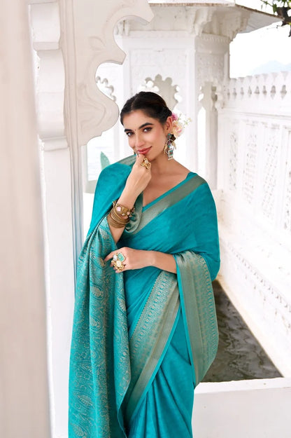Sky Blue Chinon Saree Roohri