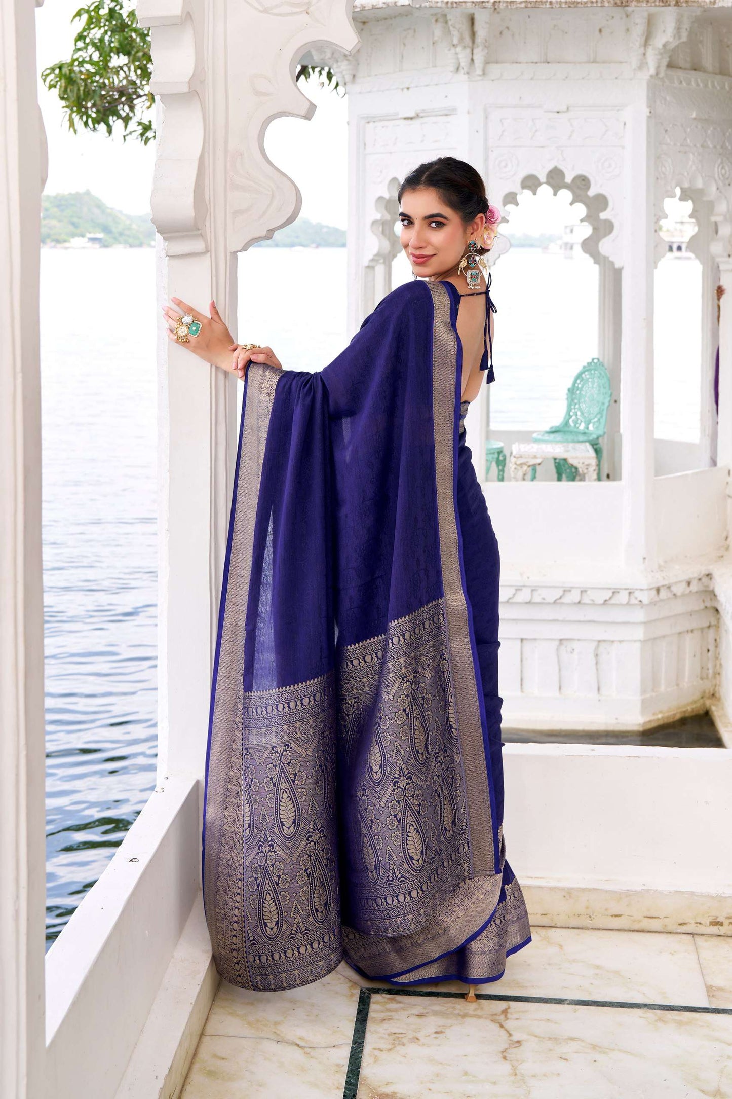 Navy Blue Chinon Saree Roohri