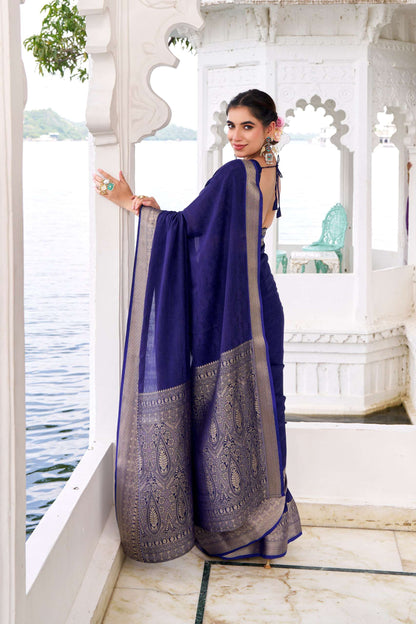 Navy Blue Chinon Saree Roohri