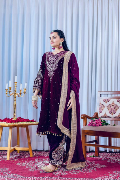 Dark Purple Velvet Suit Set Roohri