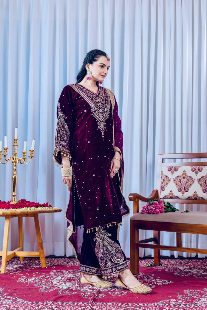 Dark Purple Velvet Suit Set Roohri