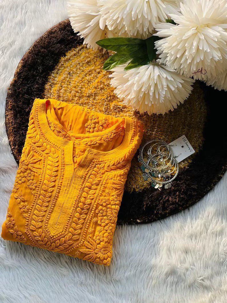 Mustard Viscose Chikankari Kurti Roohri