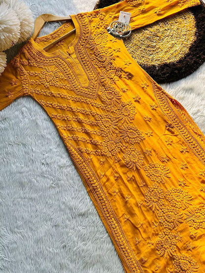 Mustard Viscose Chikankari Kurti Roohri