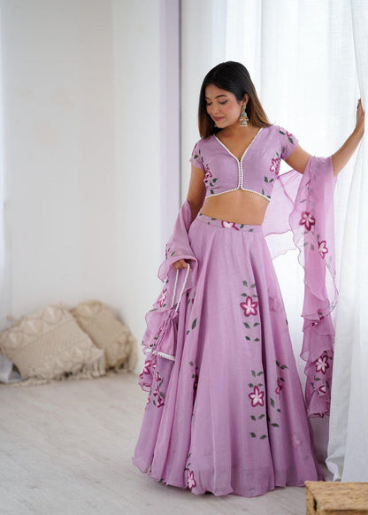 Lavender Organza Lehenga Choli Set Roohri