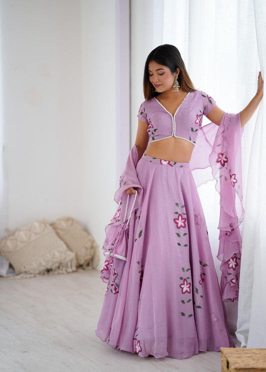 Lavender Organza Lehenga Choli Set Roohri