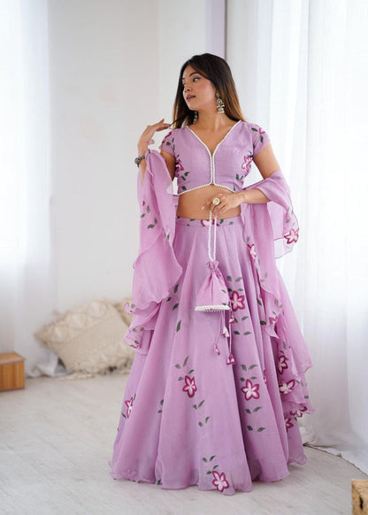 Lavender Organza Lehenga Choli Set Roohri