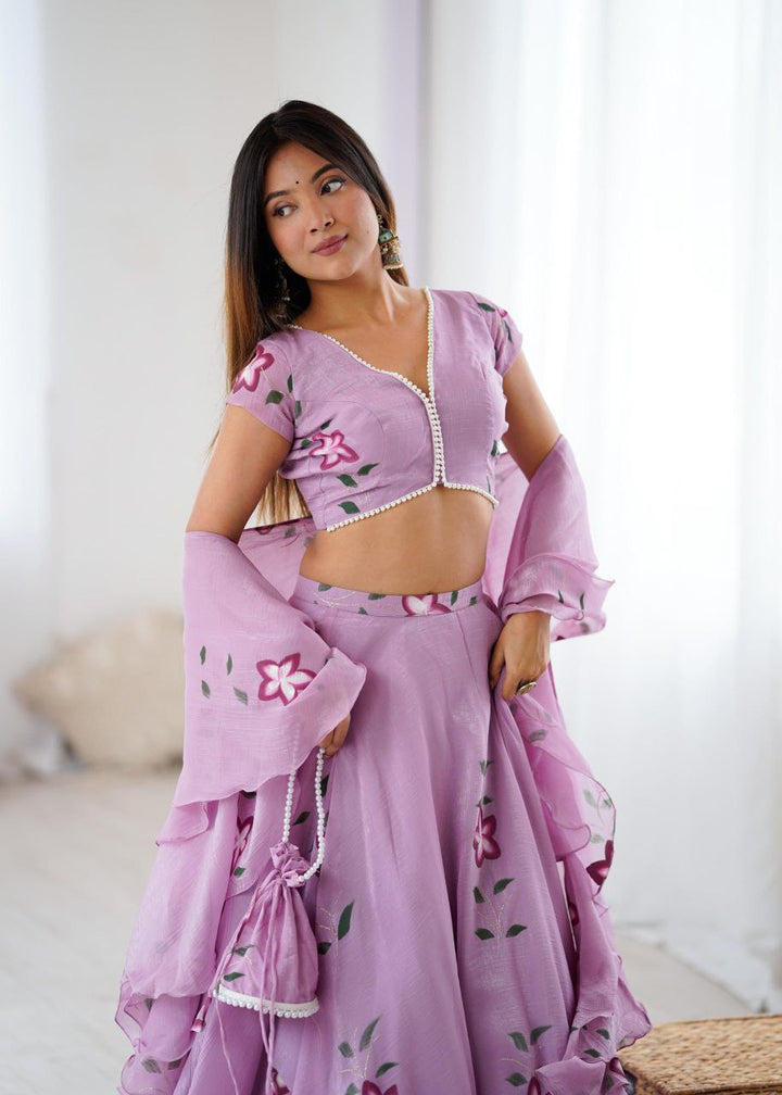 Lavender Organza Lehenga Choli Set Roohri
