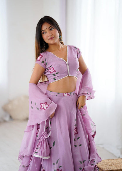 Lavender Organza Lehenga Choli Set Roohri