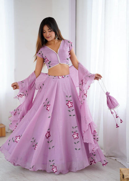 Lavender Organza Lehenga Choli Set Roohri