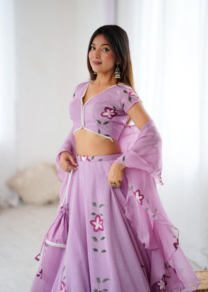 Lavender Organza Lehenga Choli Set Roohri