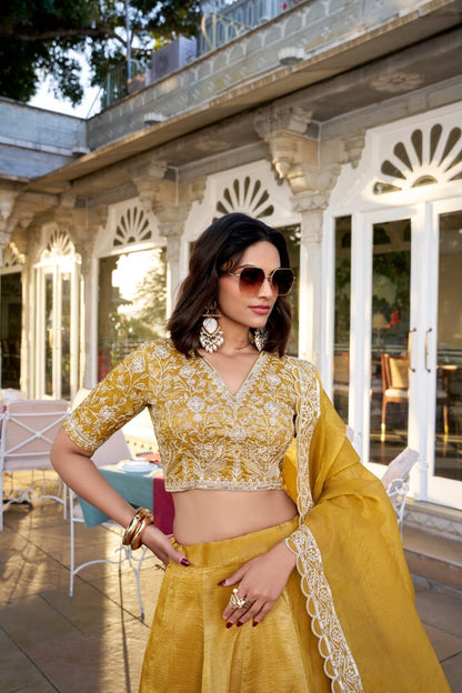 Yellow Embroidered Lehenga Choli Set Roohri
