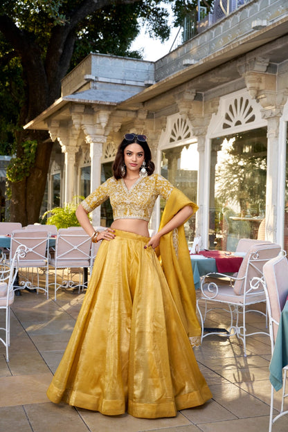 Yellow Embroidered Lehenga Choli Set Roohri